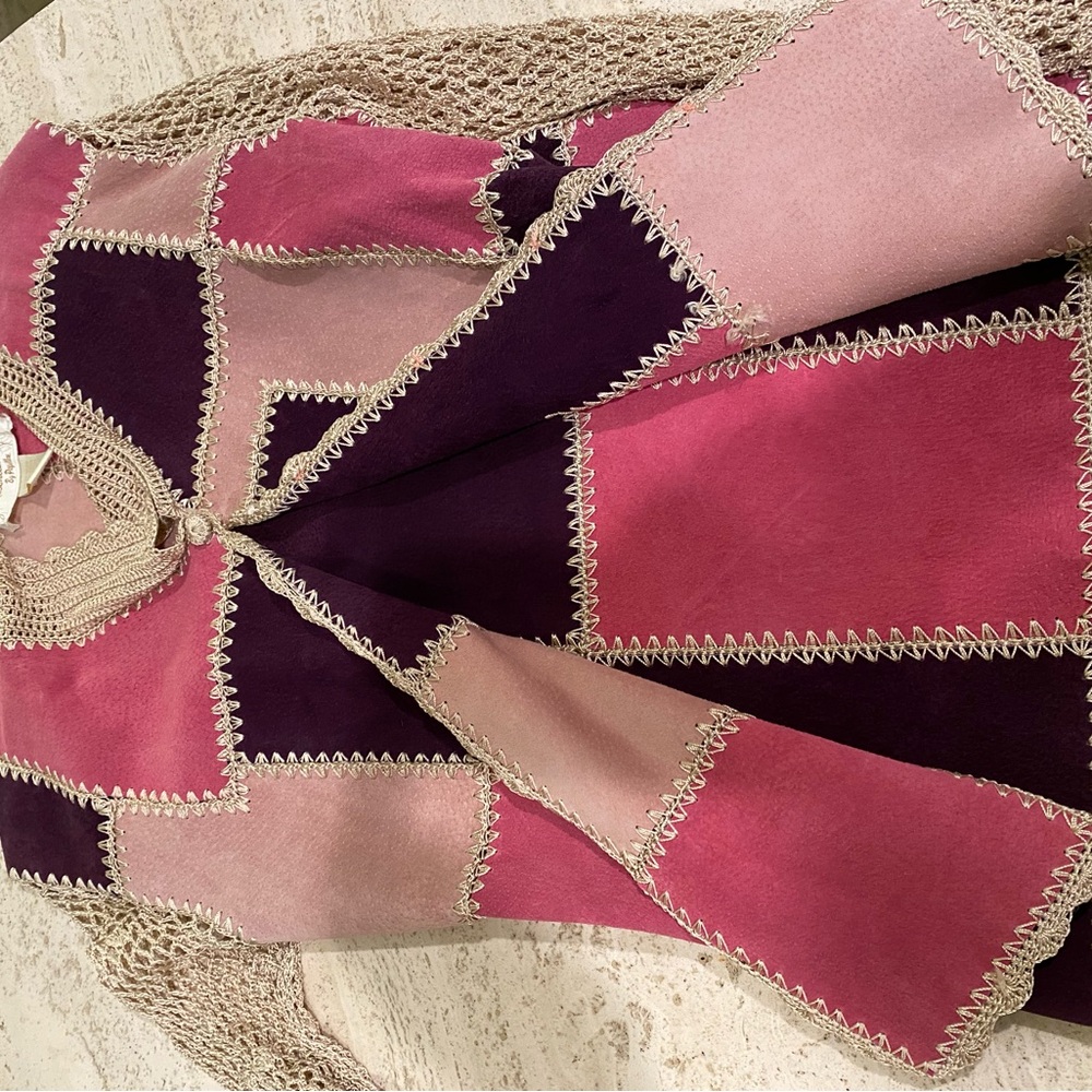 Colorful Patchwork Suede Jacket- Vintage-Kroshetta Papillon, with Crochet Trim - Picture 8 of 8